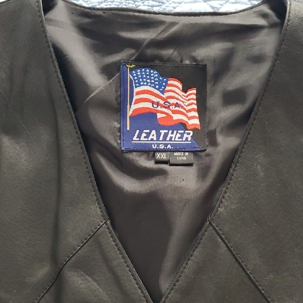 "U.S.A. LEATHER" Black Leather Vest, Size XXL - Picture 2 of 11